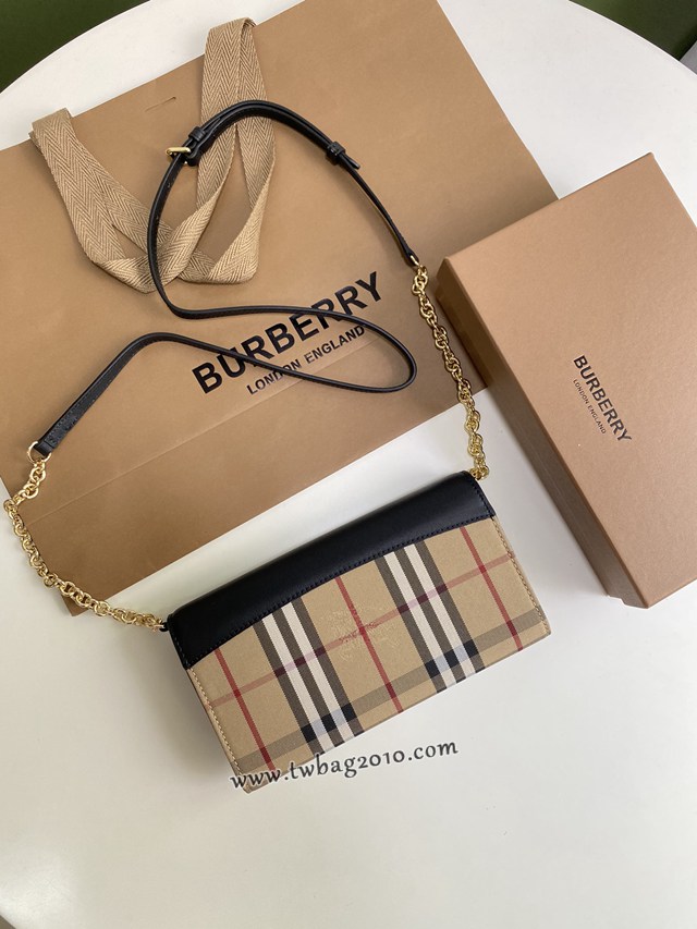 Burberry專門店新款House格紋拼皮革錢夾 巴寶莉小型手袋鏈條錢包 yxb1226